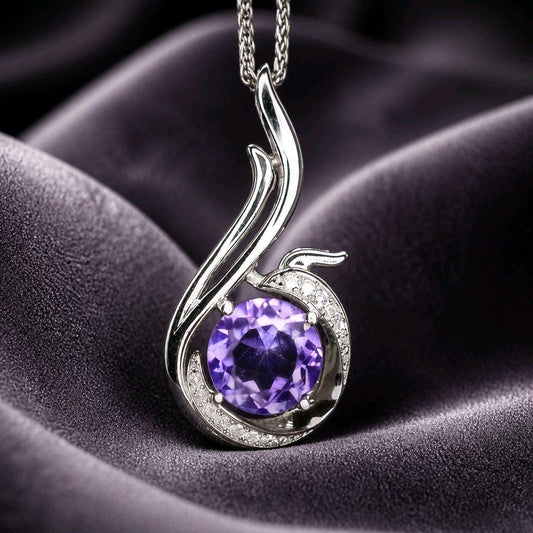 Genuine Amethyst Necklace - Phoenix Pendant - 18KGP @ Sterling Silver - February Birthstone - Amethyst Jewelry #688