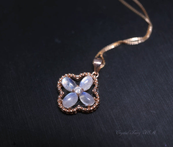 Four Leaf Clover Moonstone Necklace, Rose Gold Coated Sterling Silver box Chain Natural Flash Moonstone Pendant