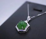 Sterling Silver Green Jade Necklace Diamond Hexagon Six Sides Geometric White Gold Coated Halo Solitaire  Green Gemstone Pendant