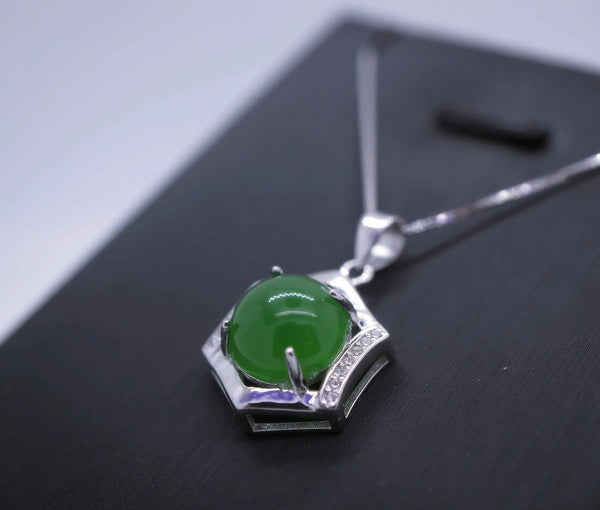 Sterling Silver Green Jade Necklace Diamond Hexagon Six Sides Geometric White Gold Coated Halo Solitaire  Green Gemstone Pendant