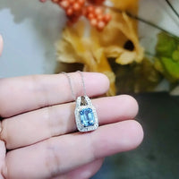 Tiny Rectangle Aquamarine Necklace - Sterling Silver White Gold Coated - Sim Diamond Blue Aquamarine Pendant