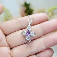 Amethyst Cross Flower Necklace Sterling Silver, Diamond  Cross Pendant White Gold Natural Amethyst Jewelry