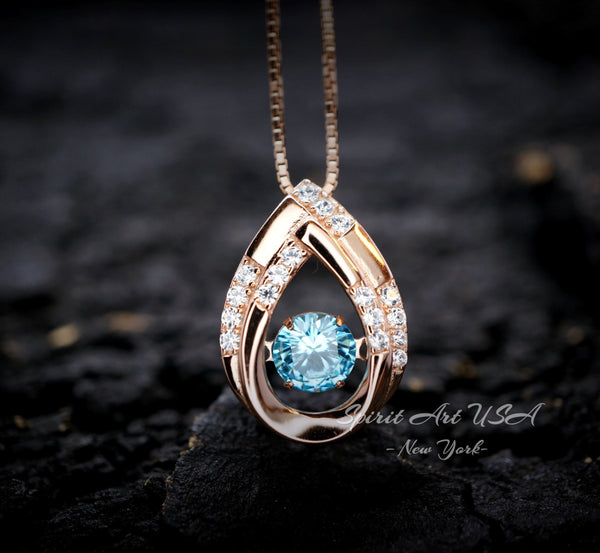 Aquamarine Necklace - Dynamic Swing Pendant -18KGP Rose Gold @ Sterling Silver - 0.85 Ct Blue Aquamarine Jewelry - Luxury March Birthstone