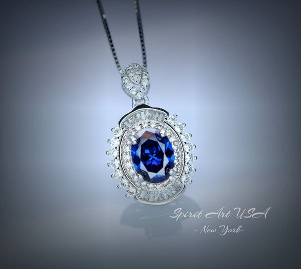 Diamond Halo Blue Sapphire Necklace - Unique Dainty Luxury 2 CT  Blue Sapphire Pendant - 18KGP @ Sterling Silver - Blue Sapphire Jewelry