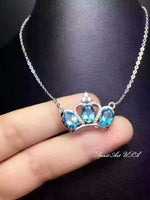 Topaz Necklace, Sterling Silver Crown Necklace, Genuine Swiss Blue Topaz Pendant, Luxury Cz Necklace