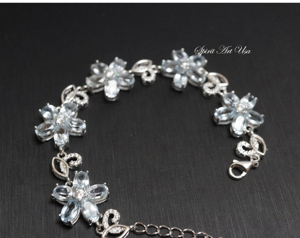 Aquamarine Bracelet - Genuine Iced Blue High Quality Aquamarine Sterling Silver Flower Bracelet .