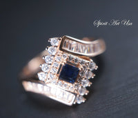 Natural Blue Sapphire Ring, Rose Gold Solitaire Ring, Sterling Silver Engagement Cz Ring, Yn017