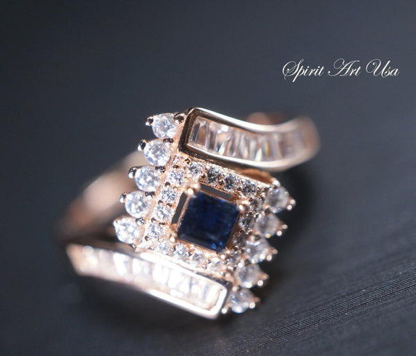 Natural Blue Sapphire Ring, Rose Gold Solitaire Ring, Sterling Silver Engagement Cz Ring, Yn017