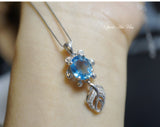 Genuine Swiss Blue Topaz Necklace, Sterling Silver Fish Necklace, Large Topaz Pendant Luxury Cz Necklace, Yn005