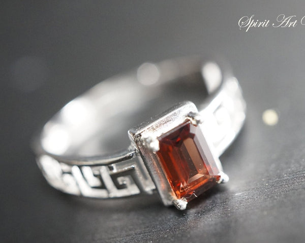 Sterling Silver Engagement Ring, Natural Rectangle Genuine Red Garnet Ring