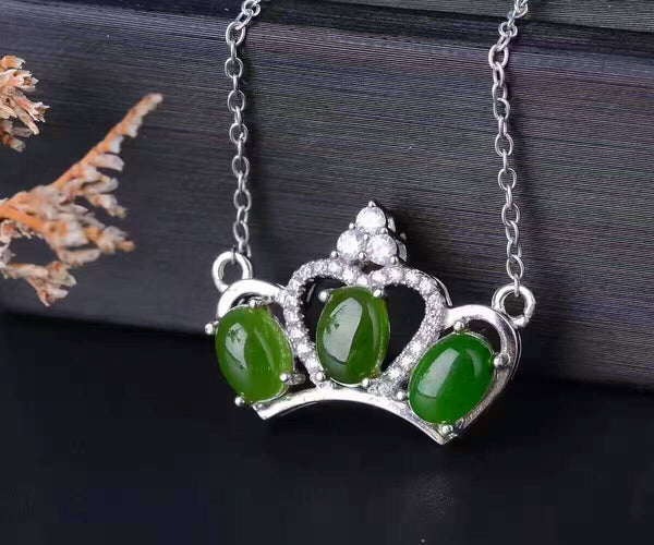 Emerald Jade Necklace - Sterling Silver Crown Pendant, Super High Quality Hetian Jade Jewelry, Green Stone Necklace, Fine Jade Choker