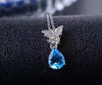 Swiss Blue Topaz Necklace, Sterling Silver Butterfly Necklace, Fine Teardrop Topaz Pendant