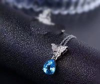 Swiss Blue Topaz Necklace, Sterling Silver Butterfly Necklace, Fine Teardrop Topaz Pendant