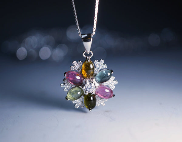 Snow Flower Tourmaline Necklace - Sterling Silver High Quality Watermelon Tourmaline Pendant - CZ Necklace