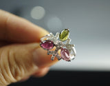 Natural Tourmaline Ring, Engagement Ring, Promise Ring, Multi Gemstone Sterling Silver Cz Ring, Anniversary Claddah Ring