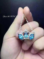 Topaz Necklace, Sterling Silver Crown Necklace, Genuine Swiss Blue Topaz Pendant, Luxury Cz Necklace