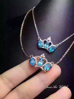 Topaz Necklace, Sterling Silver Crown Necklace, Genuine Swiss Blue Topaz Pendant, Luxury Cz Necklace