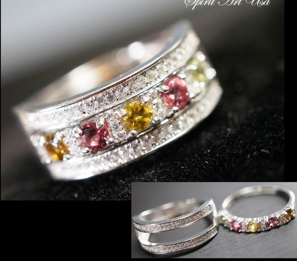 Stackable Ring, Tourmaline Ring, Engagement Ring, Promise Multi Gemstone Sterling Silver Cz Ring, Anniversary Claddah Ring