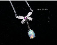 Opal Necklace - Bowknot Necklace - Ethiopian Opal Pendant - Full Sterling Silver Opal Jewelry , Rainbow Opal Necklace