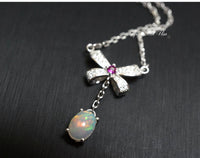 Opal Necklace - Bowknot Necklace - Ethiopian Opal Pendant - Full Sterling Silver Opal Jewelry , Rainbow Opal Necklace