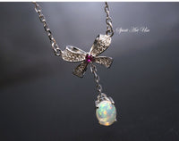 Opal Necklace - Bowknot Necklace - Ethiopian Opal Pendant - Full Sterling Silver Opal Jewelry , Rainbow Opal Necklace