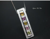 Tourmaline Necklace, Couple Tourmaline Double Pendant Necklace, Sterling Silver Multi Stone Necklace, CZ Pendant,