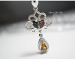 Genuine Tourmaline Necklace - Sterling Silver Peacock Pendant - Multi Gemstone Necklace - CZ Necklace