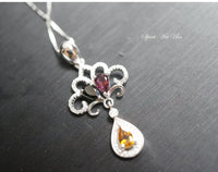 Genuine Tourmaline Necklace - Sterling Silver Peacock Pendant - Multi Gemstone Necklace - CZ Necklace