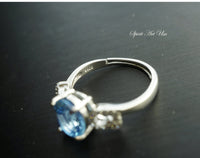 Natural Swiss Blue Topaz Ring, Sterling Silver Engagement CZRing , Fine Topaz Gemstone Ring. Halo Solitaire Blue Topaz Ring