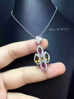 Genuine Tourmaline Necklace - Sterling Silver Leaf Pendant - Multi Gemstone CZ Butterfly Green Pink Watermelon Tourmaline Fine Gemstone