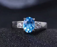 Genuine Swiss Blue Topaz Ring, Sterling Silver Adjustable Engagement Ring - CZ Ring