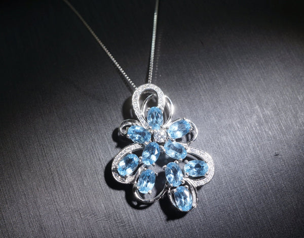 Sterling Silver Topaz Necklace, Genuine Large Swiss Blue Topaz Pendant, Multi Topaz , Luxury CZ Necklace