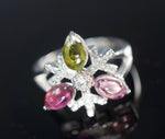 Natural Tourmaline Ring, Engagement Ring, Promise Ring, Multi Gemstone Sterling Silver Cz Ring, Anniversary Claddah Ring