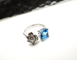 Natural Swiss Blue Topaz Ring - Sterling Silver Flower Square Topaz Ring, Rose Flower Ring