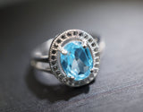 Natural Topaz Ring - Large Swiss Blue Topaz Solitaire Ring - Engagement Ring - Fine Gemstone Ring - Sterling Silver Cz Ring