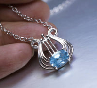 Blue Topaz Necklace - Sterling Silver Harp Necklace - Musical Instrument Genuine Swiss Blue Topaz Pendant