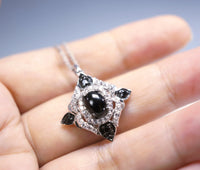 Natural Black Onyx Necklace, Luxury 925 Sterling Silver Onyx Pendant, Silver White Sapphire Black Tourmaline decoration Square Pendant