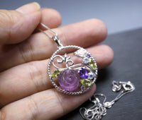 Amethyst Flower Necklace 925 Sterling silver Peridot Aquamarine CZ Stone Garden Pendant, Full Sterling silver Multi Gemstone Pendant