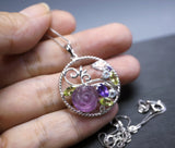 Amethyst Flower Necklace 925 Sterling silver Peridot Aquamarine CZ Stone Garden Pendant, Full Sterling silver Multi Gemstone Pendant