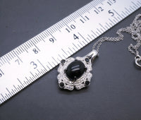 Shinning Black Onyx Necklace - Sterling Silver White Sapphire - Life Of Flower - Halo Black Stone Oval Gemstone