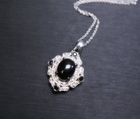 Shinning Black Onyx Necklace - Sterling Silver White Sapphire - Life Of Flower - Halo Black Stone Oval Gemstone