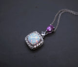 Synthetic Fire Opal Necklace Sterling Silver Square White Opal Pendant , Luxury Bridal Opal Jewelry