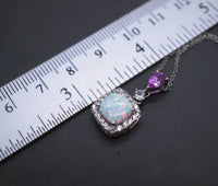 Synthetic Fire Opal Necklace Sterling Silver Square White Opal Pendant , Luxury Bridal Opal Jewelry