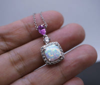 Synthetic Fire Opal Necklace Sterling Silver Square White Opal Pendant , Luxury Bridal Opal Jewelry