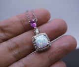 Synthetic Fire Opal Necklace Sterling Silver Square White Opal Pendant , Luxury Bridal Opal Jewelry