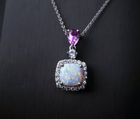 Synthetic Fire Opal Necklace Sterling Silver Square White Opal Pendant , Luxury Bridal Opal Jewelry