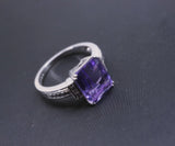 Large Emerald Cut Amethyst Ring Sterling Silver Size 7 Rectangle Purple Gemstone White Sapphire Solitaire Amethyst February Birthstone