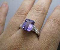 Large Emerald Cut Amethyst Ring Sterling Silver Size 7 Rectangle Purple Gemstone White Sapphire Solitaire Amethyst February Birthstone