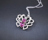 Fuchsia Ruby 925 Sterling Silver Butterfly Necklace - White Sapphire Ruby Pendant