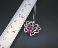 Fuchsia Ruby 925 Sterling Silver Butterfly Necklace - White Sapphire Ruby Pendant